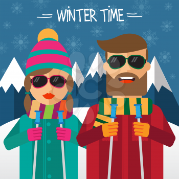 Hipster couplel skiers in flat style. Vector illustration.