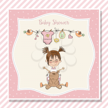 baby girl shower card with little girl and her teddy bear, vector eps10