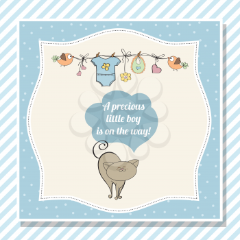 baby boy shower card with little cat, vector eps10