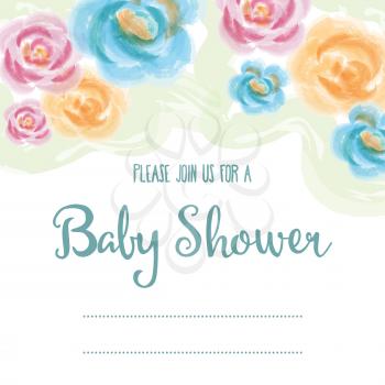 baby shower card with watercolor flowers, vector eps10