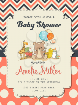 Beautiful baby girl shower card with toys, vector format