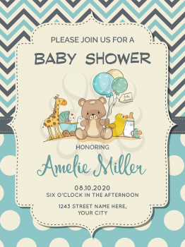 Beautiful baby boy shower card with toys, vector format