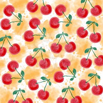 Fresh watercolor summer background  with cherries, vector format