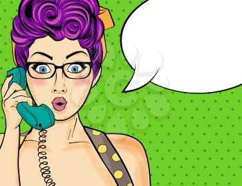 Pop art  woman chatting on retro phone  . Comic woman with speech bubble. Vector illustration.