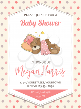 delicate baby girl shower card with little teddy bear, vector format