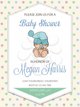 delicate baby boy shower card with little baby, vector format