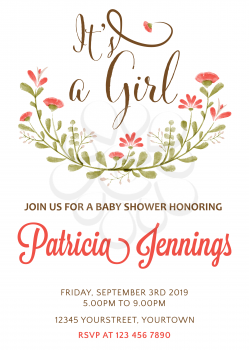 beautiful baby girl shower template with watercolor flowers, vector illustration