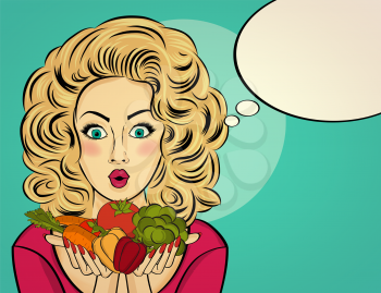 Surprised pop art  woman that holds vegetables  in her hands . Comic woman with speech bubble and healty food