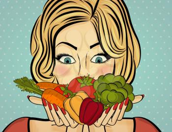 Sexy blonde woman with many vegetables in his hands. Vector illustration