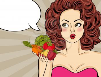 Sexy pop art woman with vegetables in his hand. Pin up girl. Vector illustration