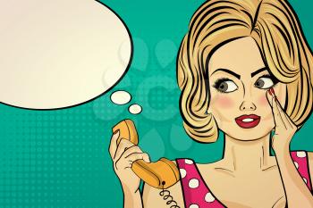 Sexy pop art woman  talking on a retro phone. Pin up girl. Vector illustration