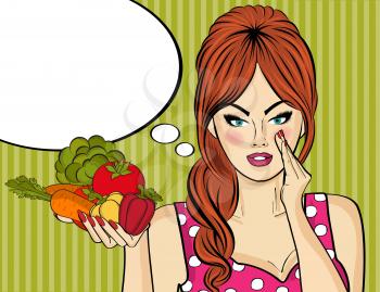 Sexy pop art woman with vegetables in his hand. Pin up girl. Vector illustration