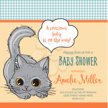baby shower card template with funny doodle kitten, vector format