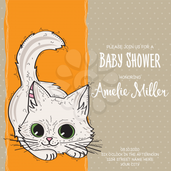 baby shower card template with funny doodle kitten, vector format