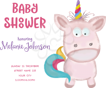 beautiful doodle baby shower card wirh watercolor unicorn, vector