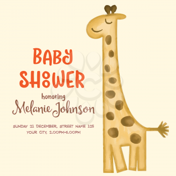 beautiful doodle baby shower card wirh watercolor giraffe, vector