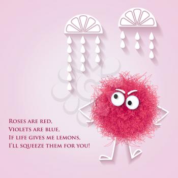 Funny  banner with fluffy pink creature and lyrics message, vector