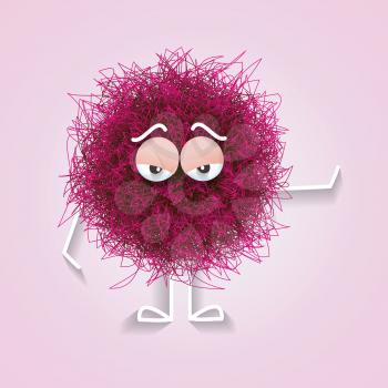 Fluffy colorful spherical creature bored, vector illustration