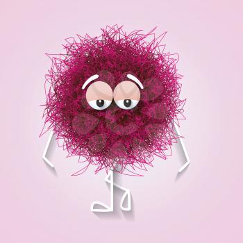 Fluffy cute pink spherical creature thinking and stressed, vector illustration