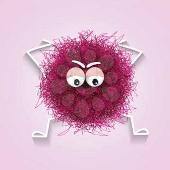 Fluffy cute pink spherical creature worried and stressed, vector illustration