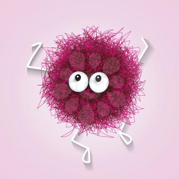 Fluffy cute pink spherical creature dancing, vector illustration