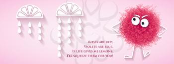 Funny social media  network banner with fluffy pink creature and lyrics message, vector