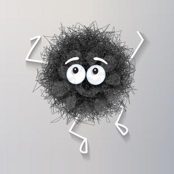 Fluffy cute black spherical creature dancing , vector illustration