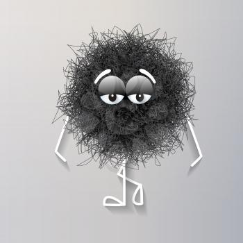 Fluffy cute black spherical creature thinking and stressed, vector illustration
