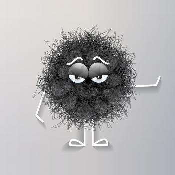 Fluffy black spherical creature bored, vector illustration