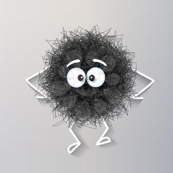 Fluffy cute black spherical creature sad and depressed, vector illustration