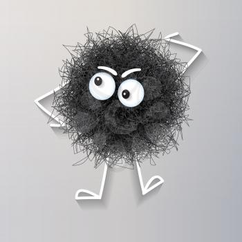 Fluffy cute black spherical creature thinking , vector illustration