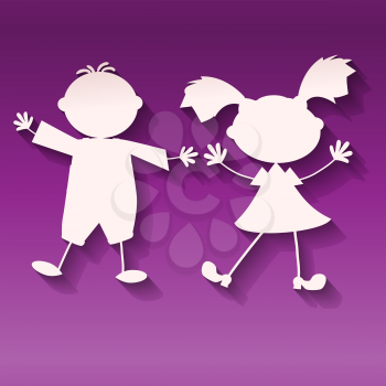 two kids, girl and boy, on ultraviolet background, paper art style vector