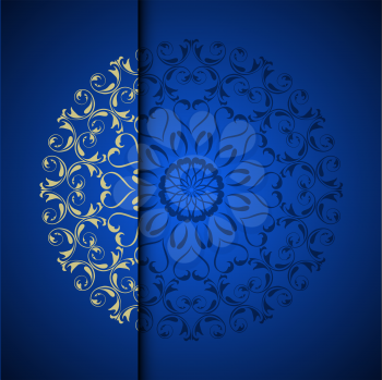 Vector gold oriental arabesque pattern background with place for text. Blue color
