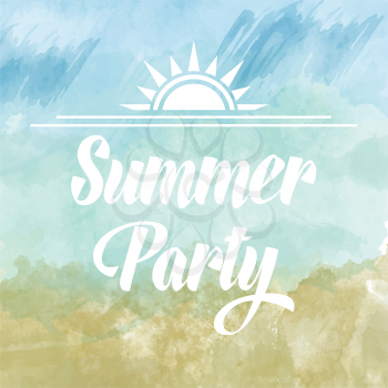 Summer party poster om watercolor background, vector