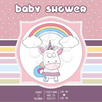 Beautiful baby shower card template with lovely baby girl unicorn, vector format