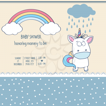 Beautiful baby shower card template with lovely baby unicorn, vector format