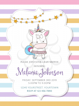 Beautiful baby shower card template with lovely unicorn baby girl , vector format