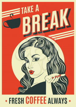 advertising coffee retro poster with pop art woman, vector format