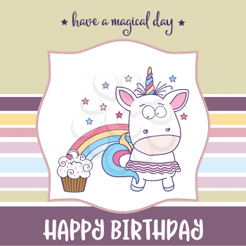 happy birthday card  with lovely baby girl unicorn, vector format