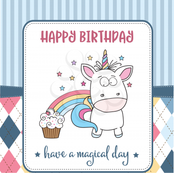 happy birthday card  with lovely baby unicorn, vector format