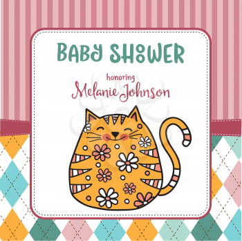 baby shower card template with fat doodle cat, vector format