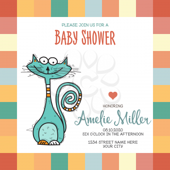 baby shower card template with funny doodle cat, vector format