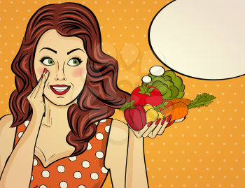 the  red-haired lady with vegetable in her hands, pop art woman