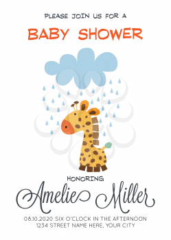 delicate customizable baby shower card template with giraffe toy, vector format