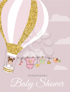 Beautiful  baby shower card template with golden glittering details, vector format