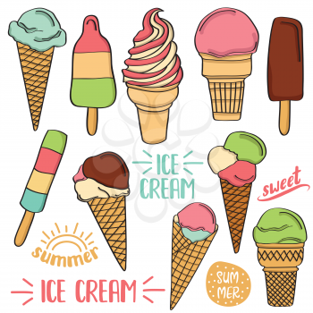Doodle ice cream collection  isolated on white  background, vector format