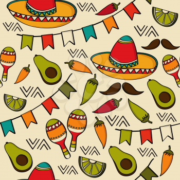 Doodle seamless pattern with mexico symbols, vector format