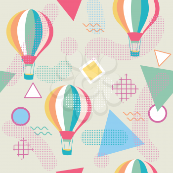 Memphis style seamless pattern with hot air balloon, vector
