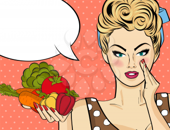 Sexy blonde woman with many vegetables in his hands. Vector illustration