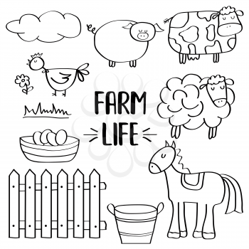 doodle animal farm set for colorig, vector eps 10